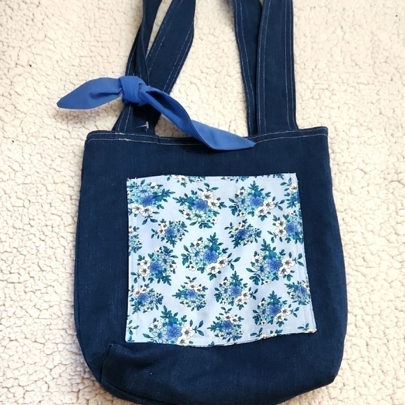 Double sided Handmade Denim Tote Spring Floral Pocket and Blue Bow Bird Artsy - Picture 2 of 10
